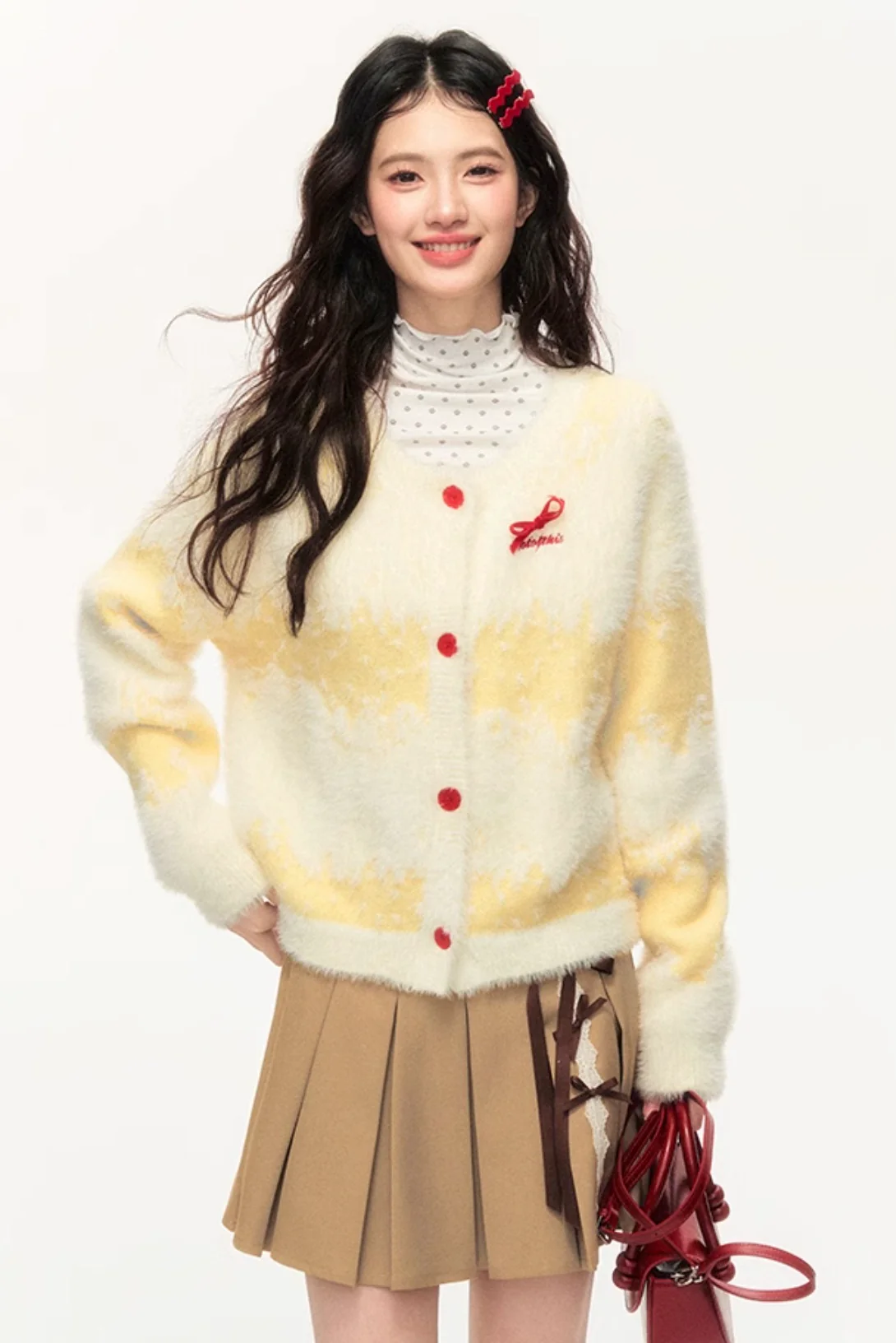 Loose and versatile sweet bowknot cream yellow long cardigan jacket - Image 14