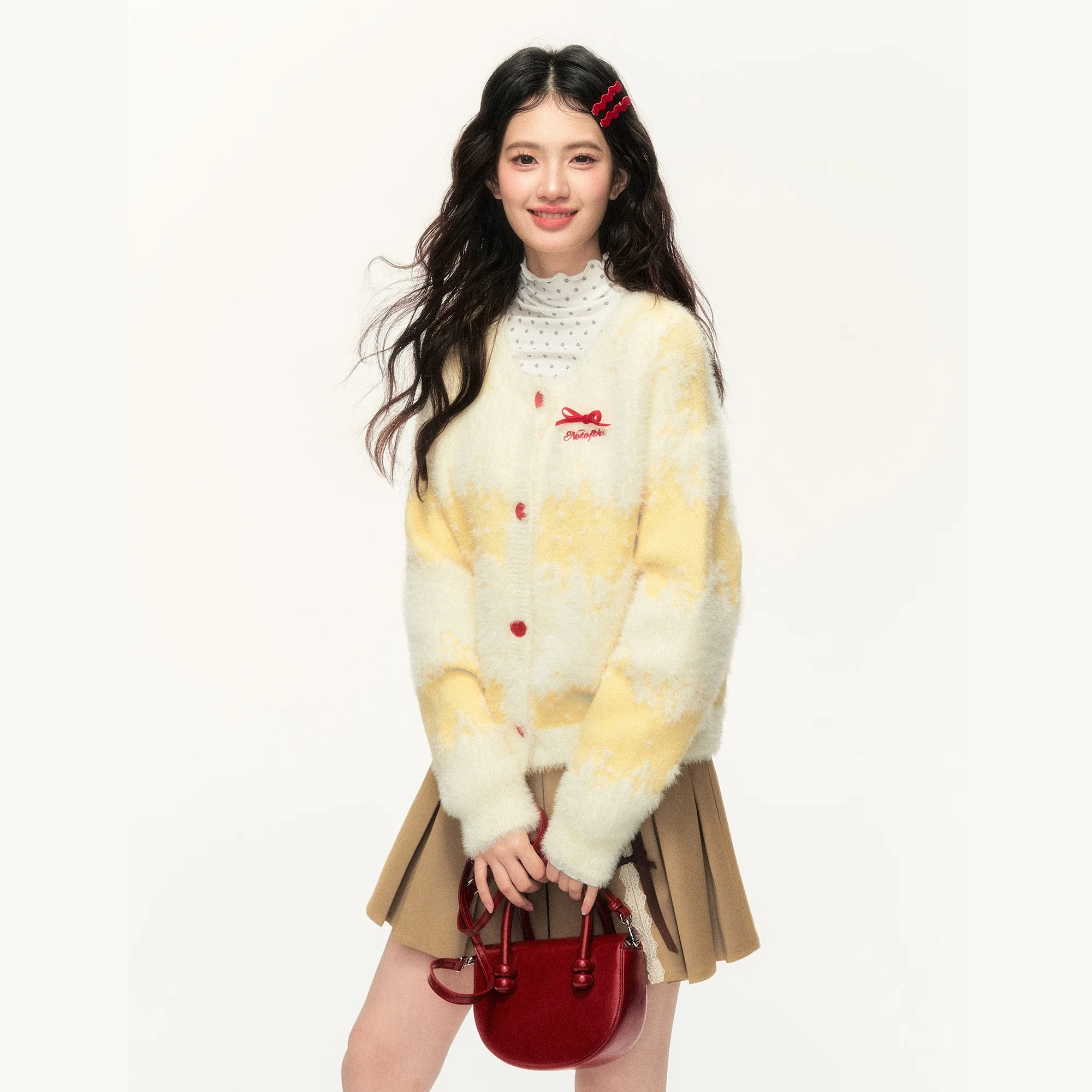 Loose and versatile sweet bowknot cream yellow long cardigan jacket - Image 3