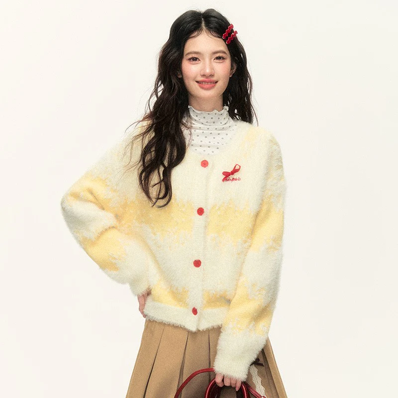 Loose and versatile sweet bowknot cream yellow long cardigan jacket - Image 4