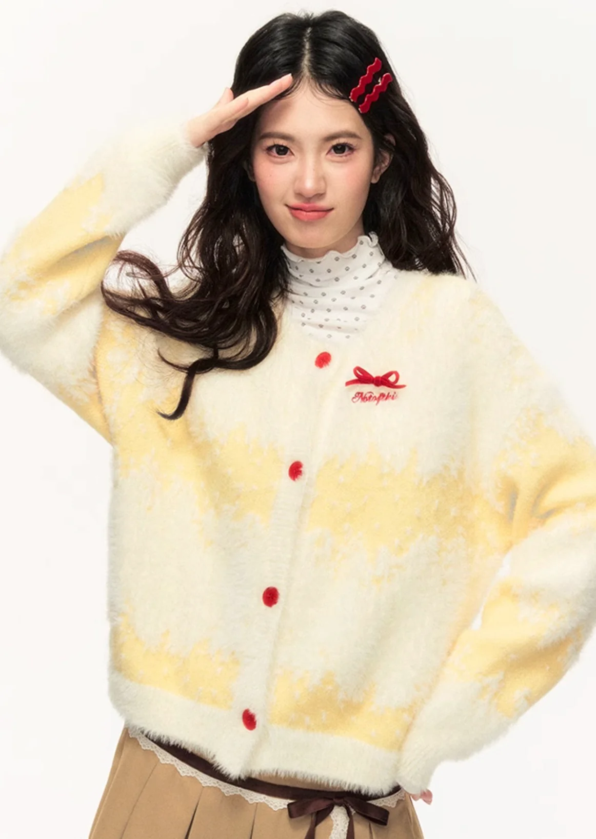 Loose and versatile sweet bowknot cream yellow long cardigan jacket - Image 5