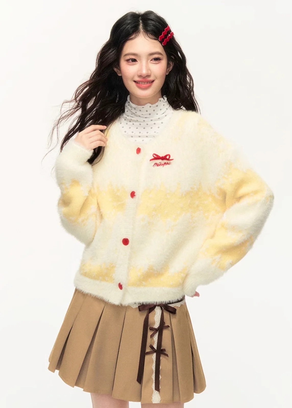 Loose and versatile sweet bowknot cream yellow long cardigan jacket - Image 6