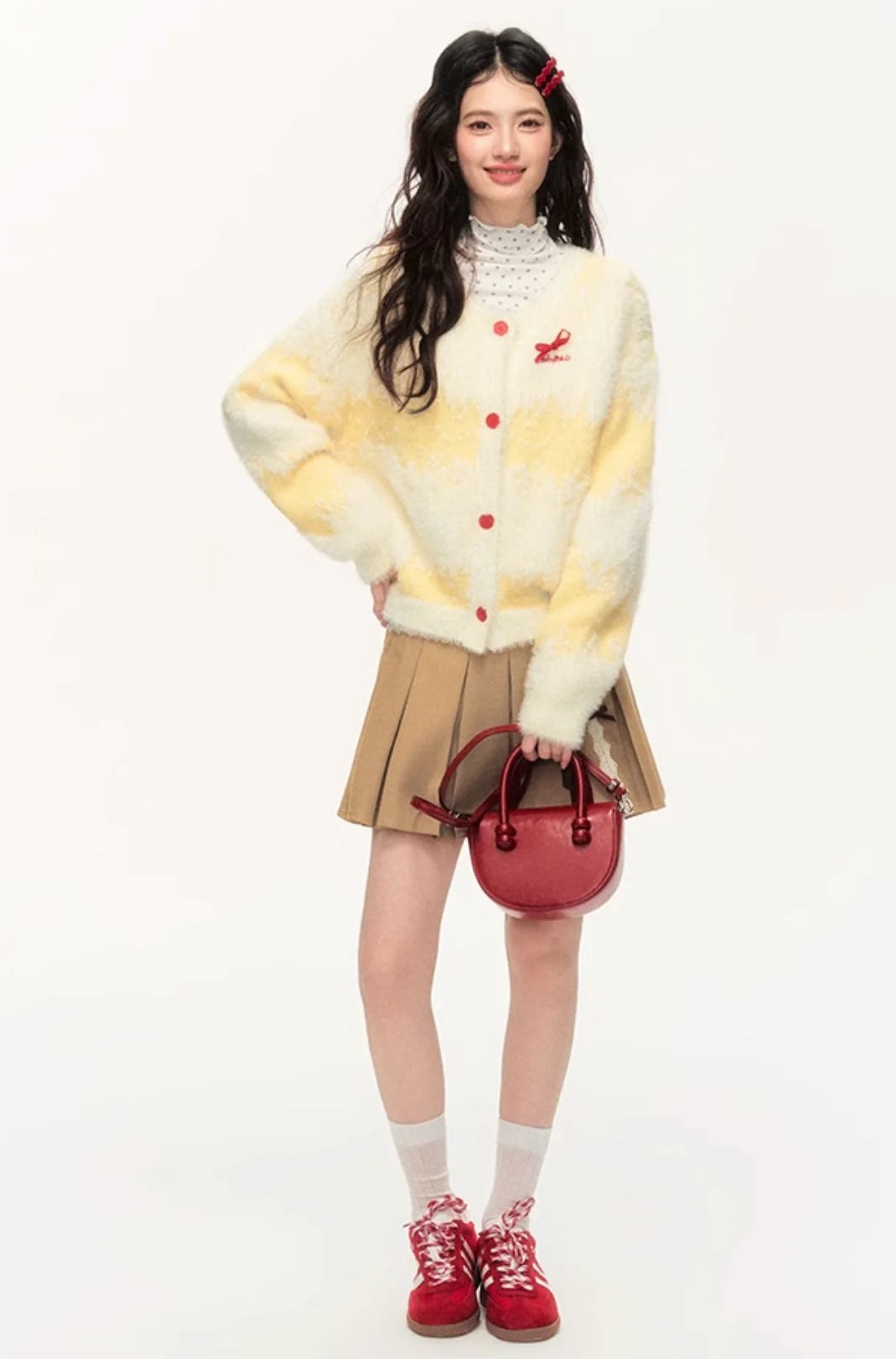 Loose and versatile sweet bowknot cream yellow long cardigan jacket - Image 8