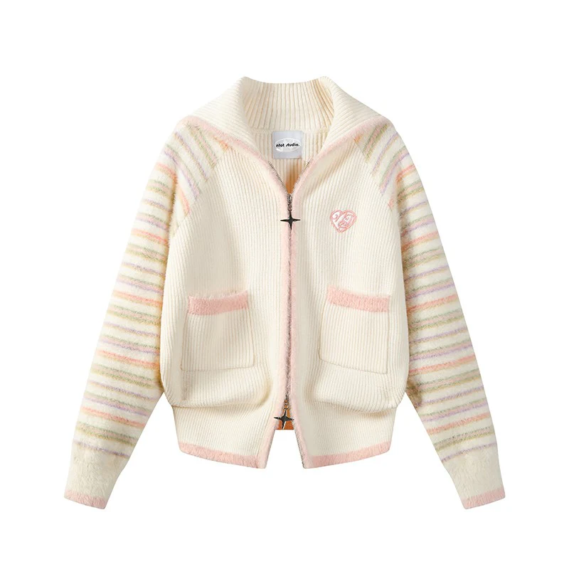 Original Design Milk Yellow Stripe Splice V-shaped Zipper Knitted Cardigan - Image 11