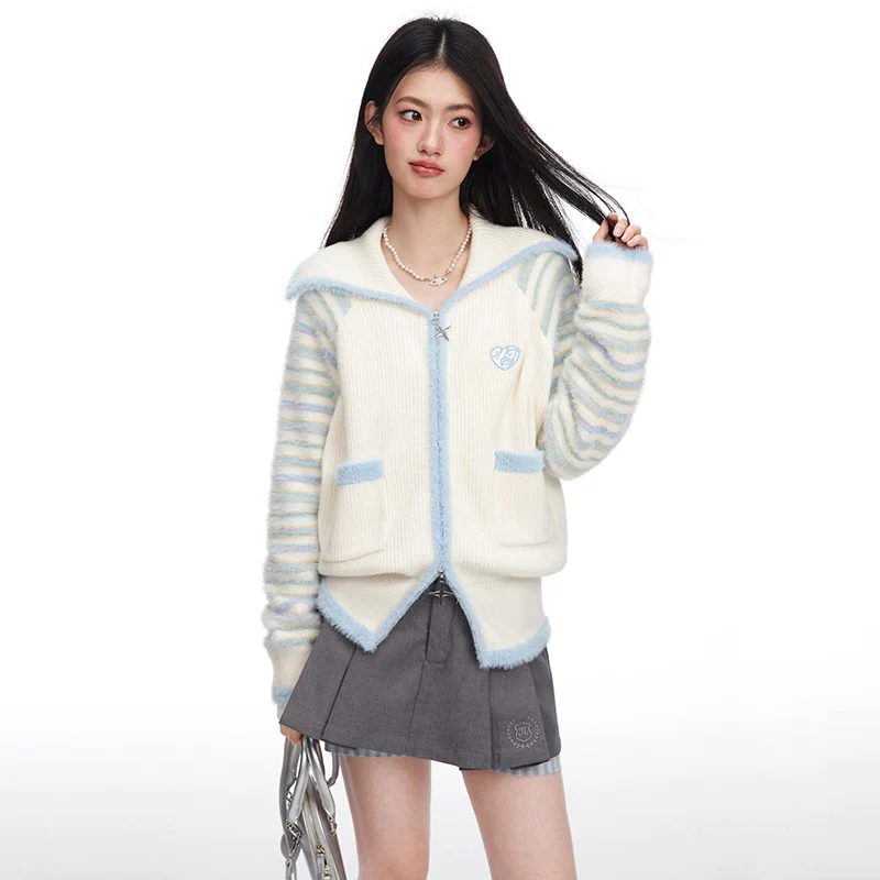 Original Design Milk Yellow Stripe Splice V-shaped Zipper Knitted Cardigan - Image 4