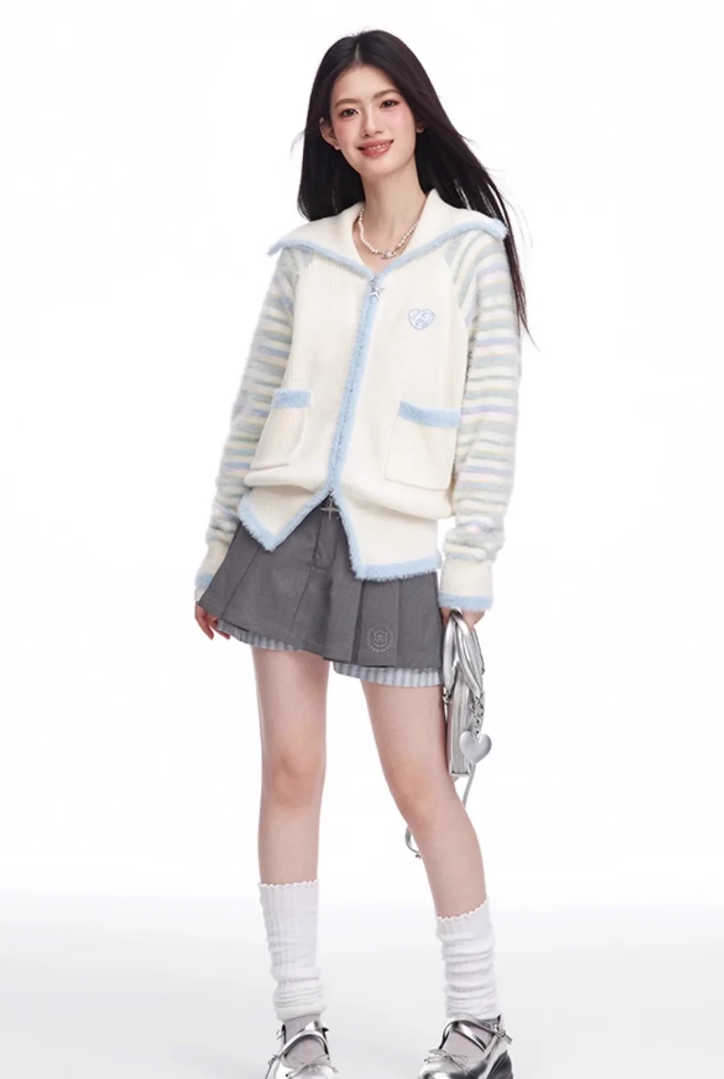 Original Design Milk Yellow Stripe Splice V-shaped Zipper Knitted Cardigan - Image 5