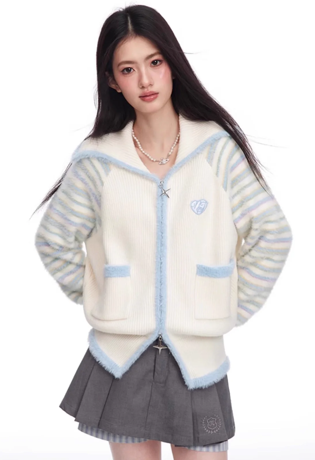 Original Design Milk Yellow Stripe Splice V-shaped Zipper Knitted Cardigan - Image 6