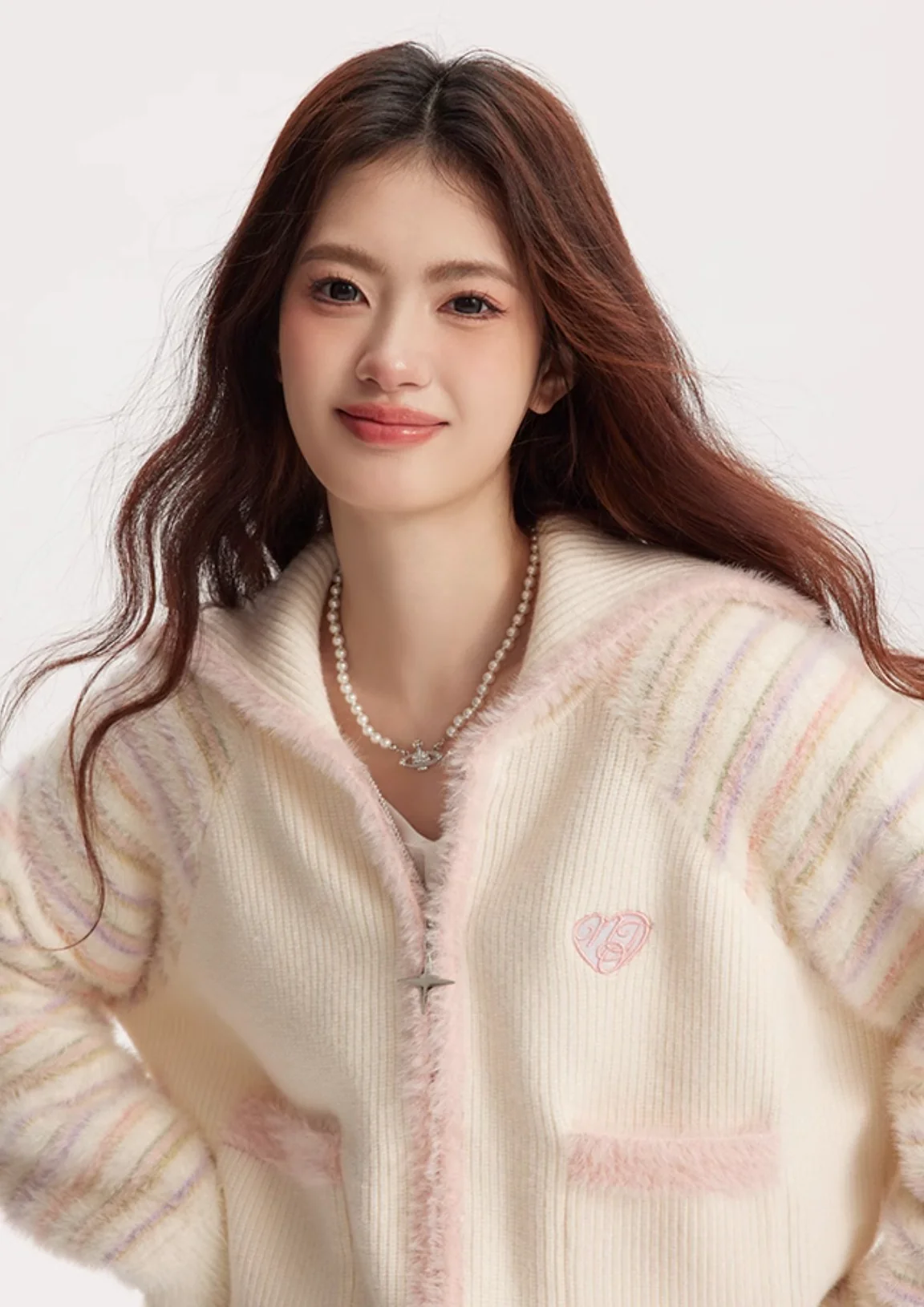 Original Design Milk Yellow Stripe Splice V-shaped Zipper Knitted Cardigan - Image 7
