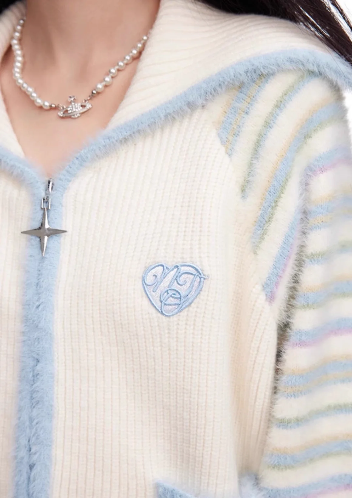 Original Design Milk Yellow Stripe Splice V-shaped Zipper Knitted Cardigan - Image 9
