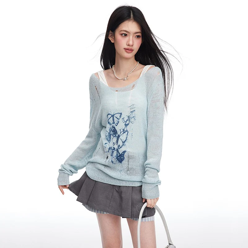 Round Neck Graffiti Butterfly Print T-shirt knit - Image 3