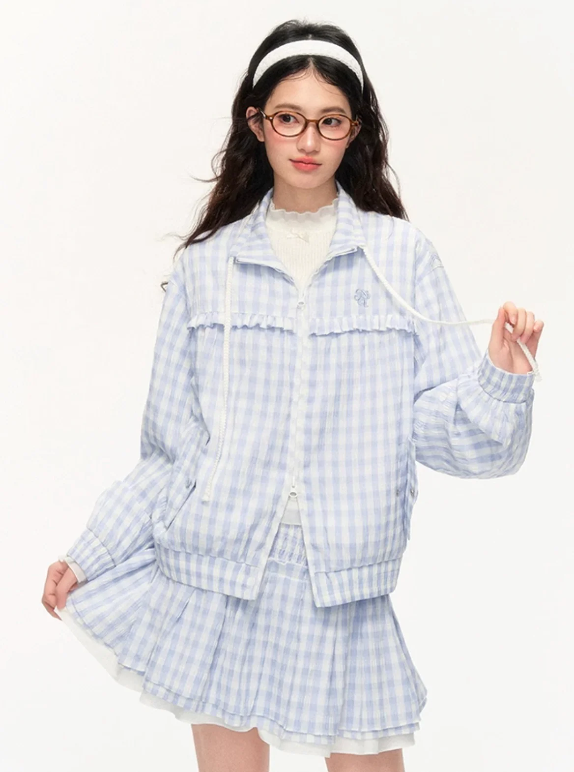 Plaid Embroidered Jacket & Lace Skirt Set - Image 12
