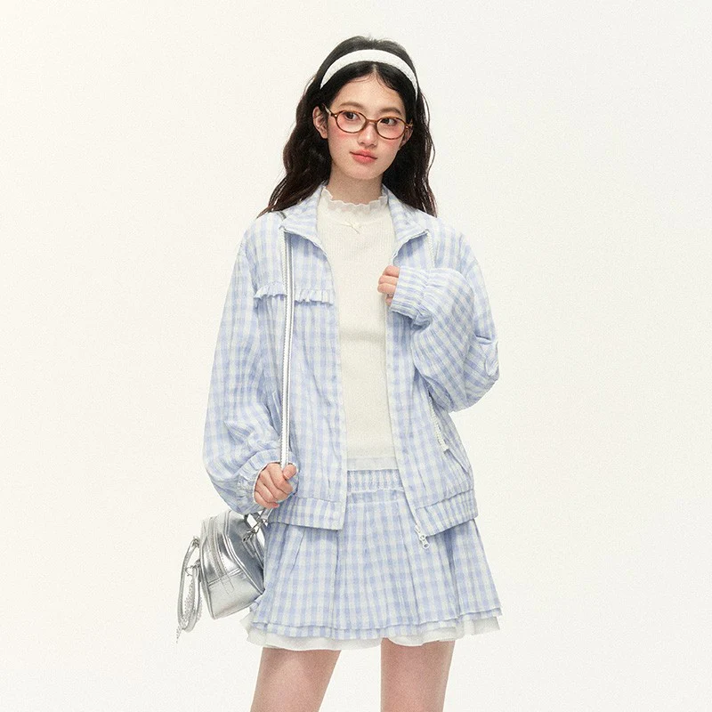 Plaid Embroidered Jacket & Lace Skirt Set - Image 3