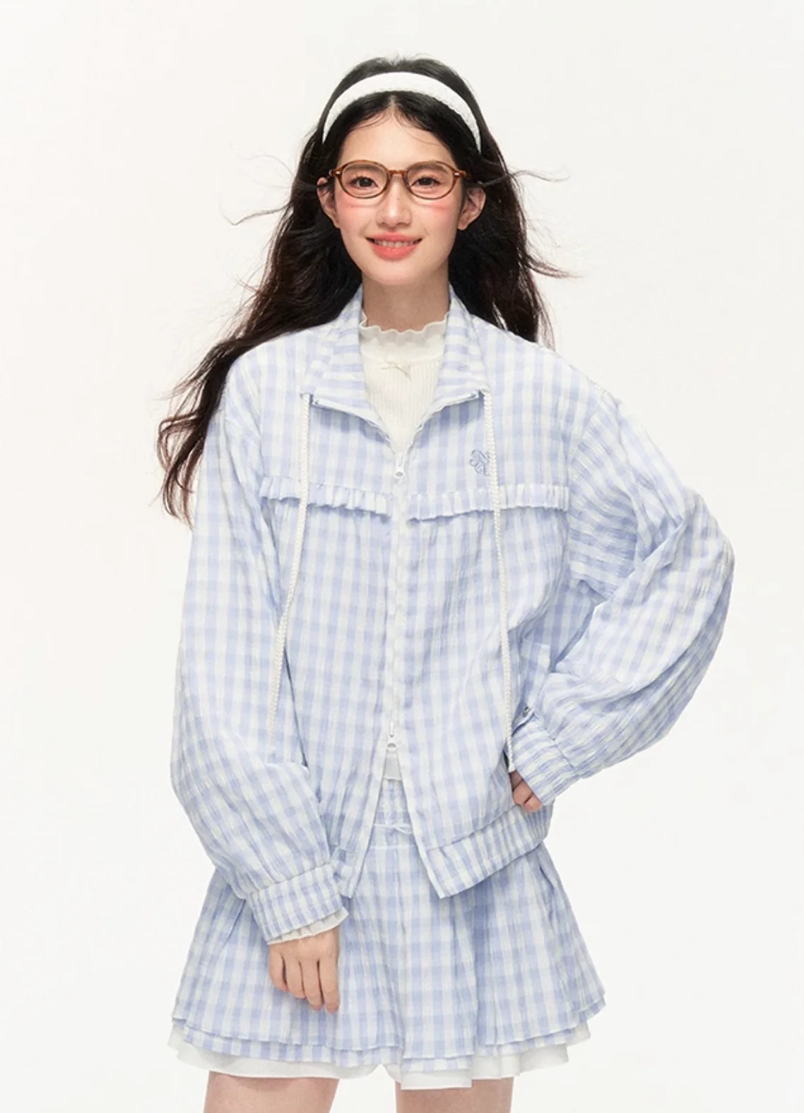 Plaid Embroidered Jacket & Lace Skirt Set - Image 5