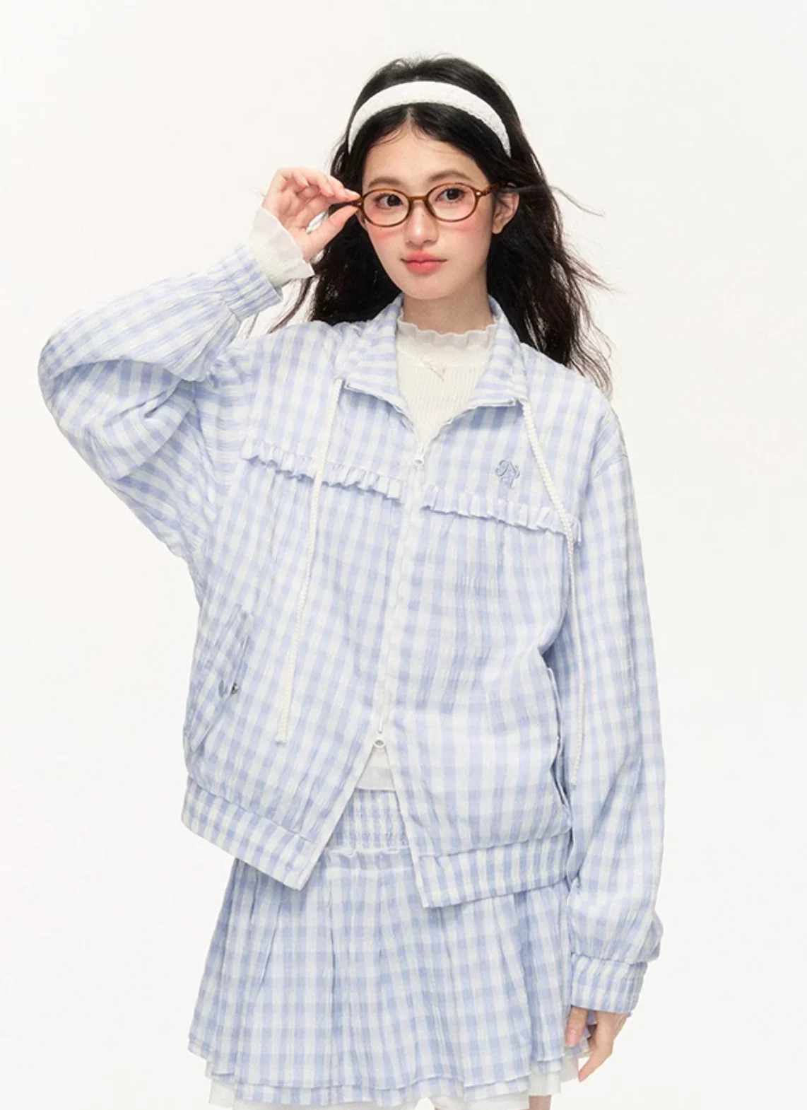 Plaid Embroidered Jacket & Lace Skirt Set - Image 6