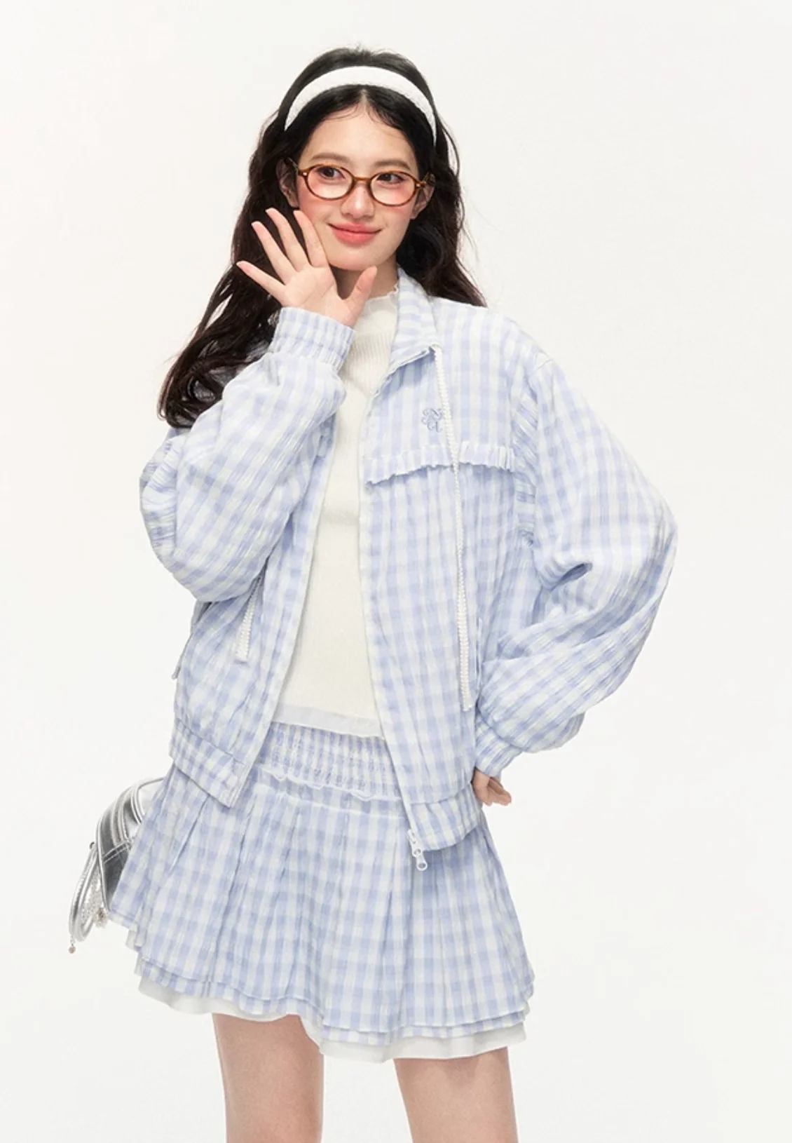 Plaid Embroidered Jacket & Lace Skirt Set - Image 7
