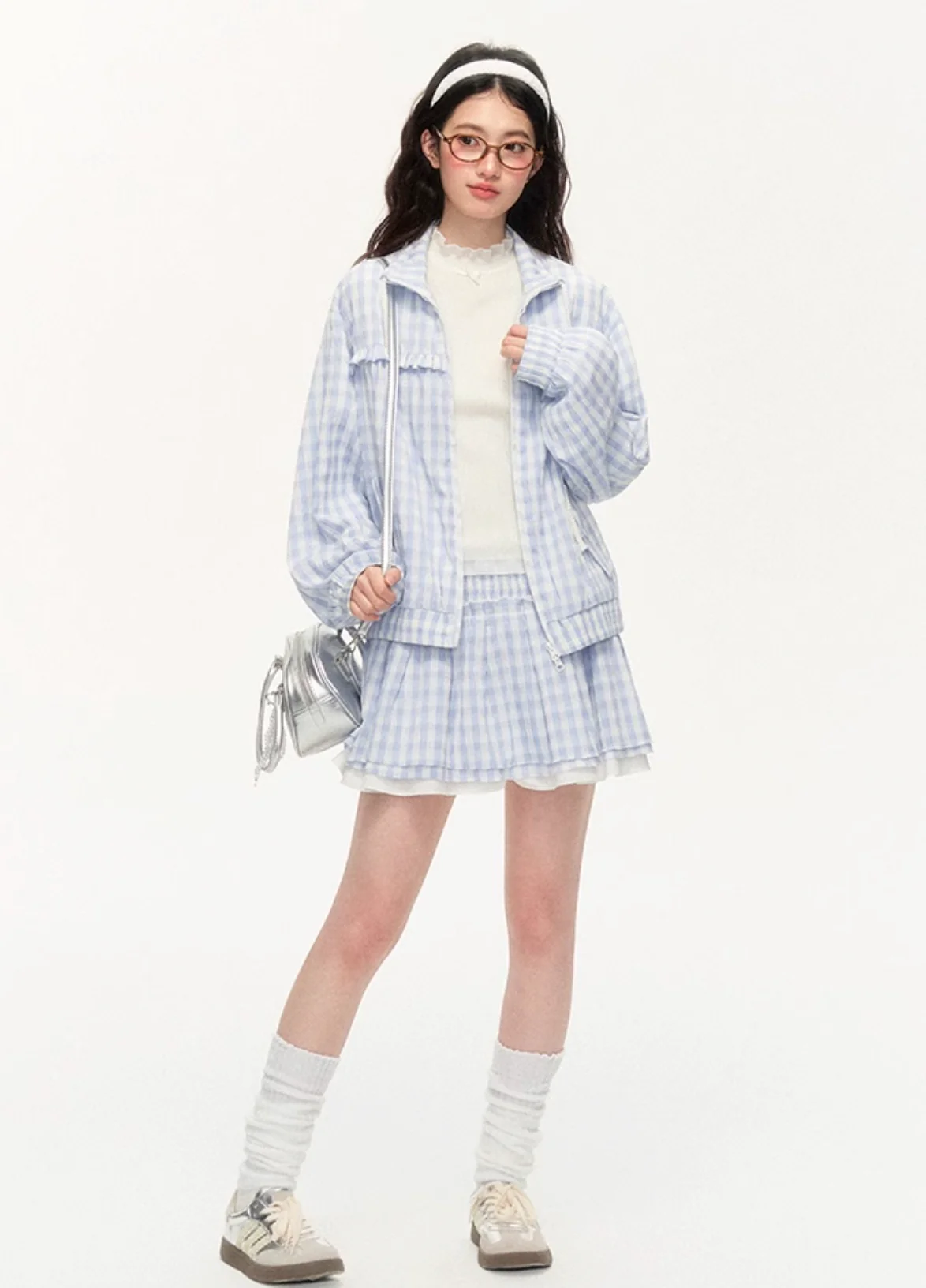 Plaid Embroidered Jacket & Lace Skirt Set - Image 8