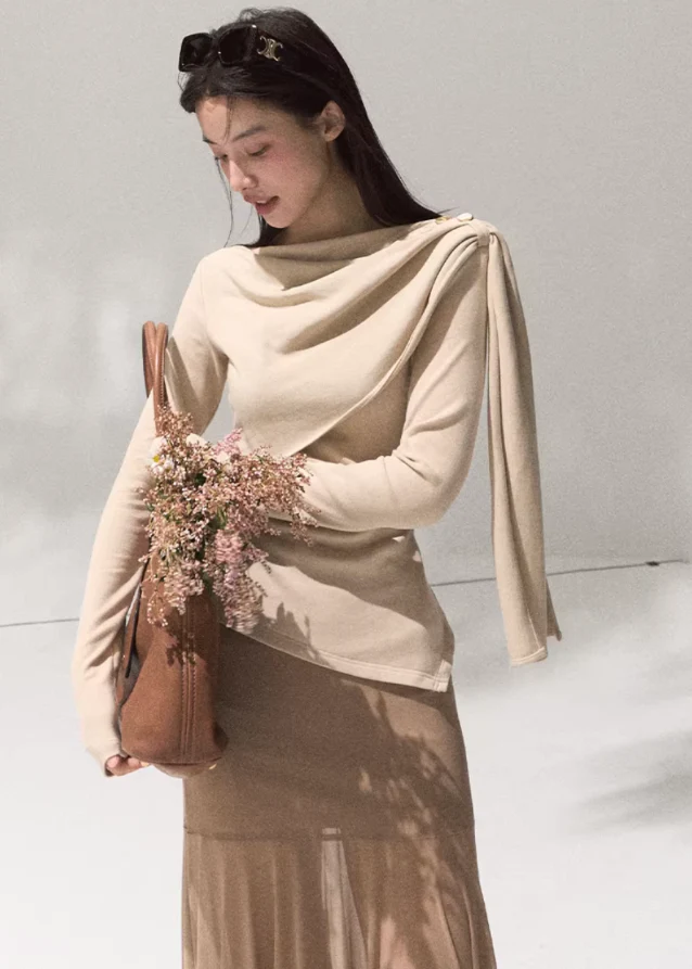 Moonlit Fold Draped Shoulder Knit Top - Image 3