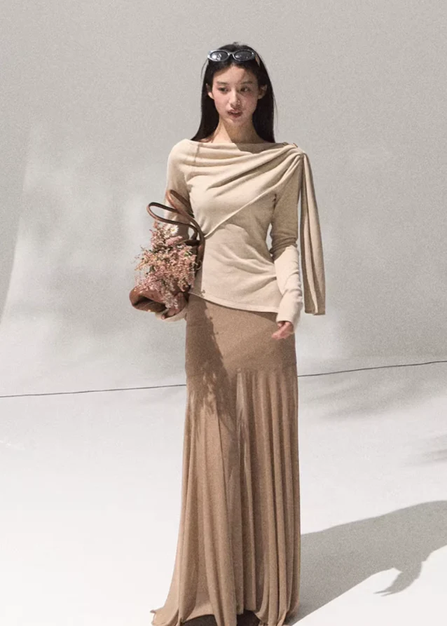 Moonlit Fold Draped Shoulder Knit Top - Image 5