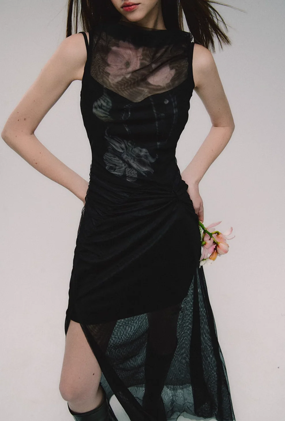 Black Mesh Slim Slit Midi Dress - Image 4