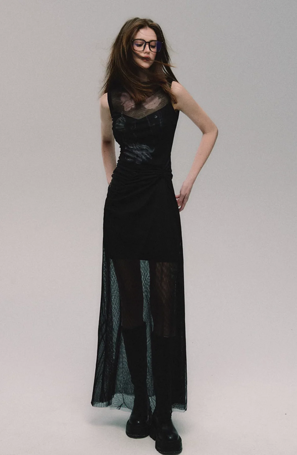 Black Mesh Slim Slit Midi Dress - Image 5