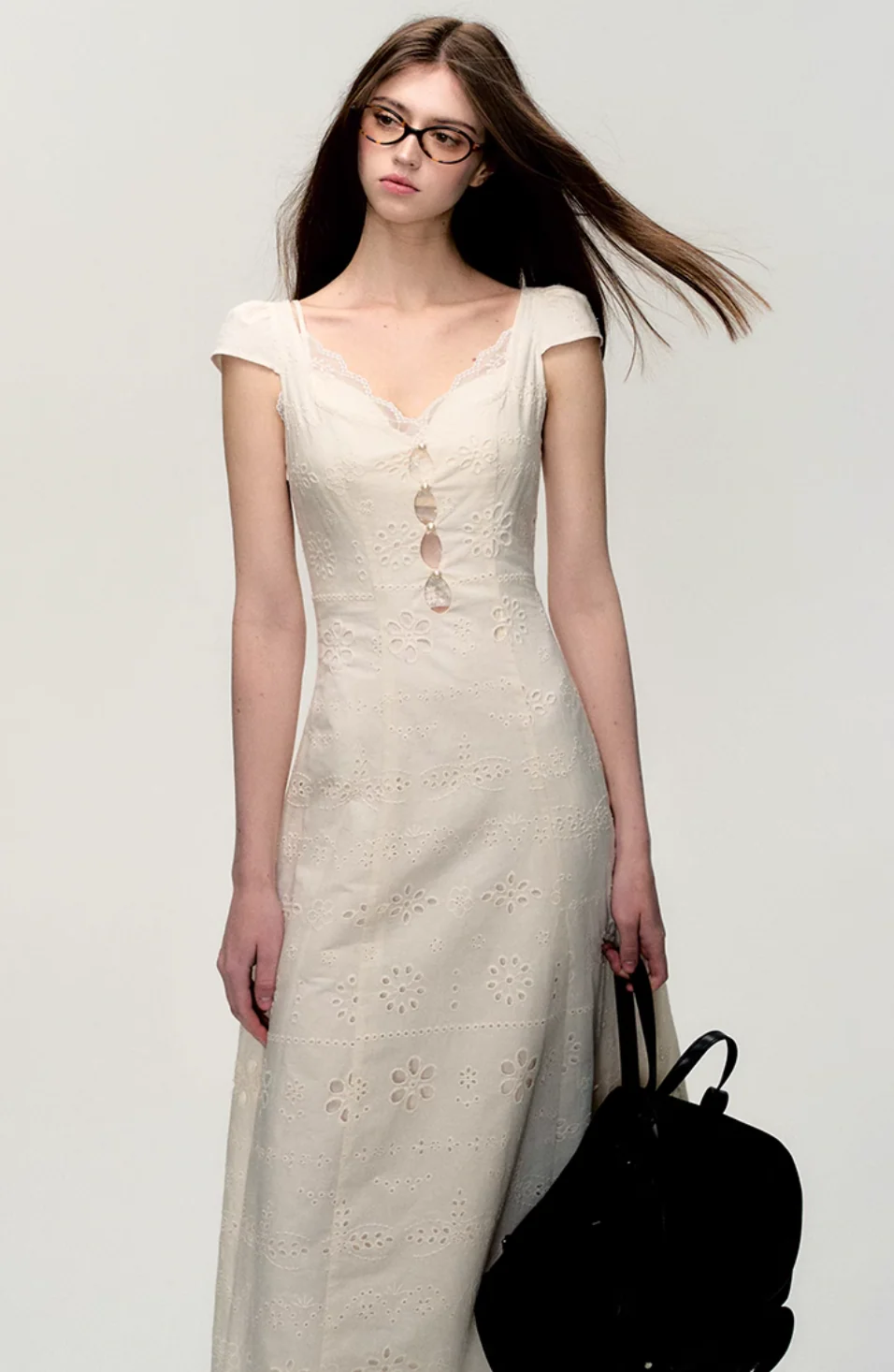 Cream white simple slim lace stitching dress - Image 10