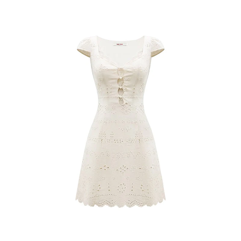 Cream white simple slim lace stitching dress - Image 12