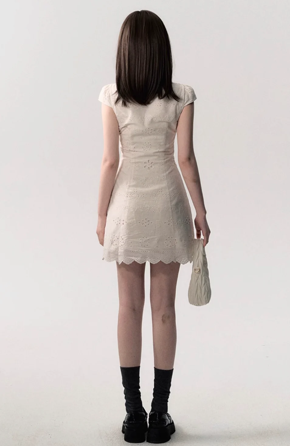 Cream white simple slim lace stitching dress - Image 4