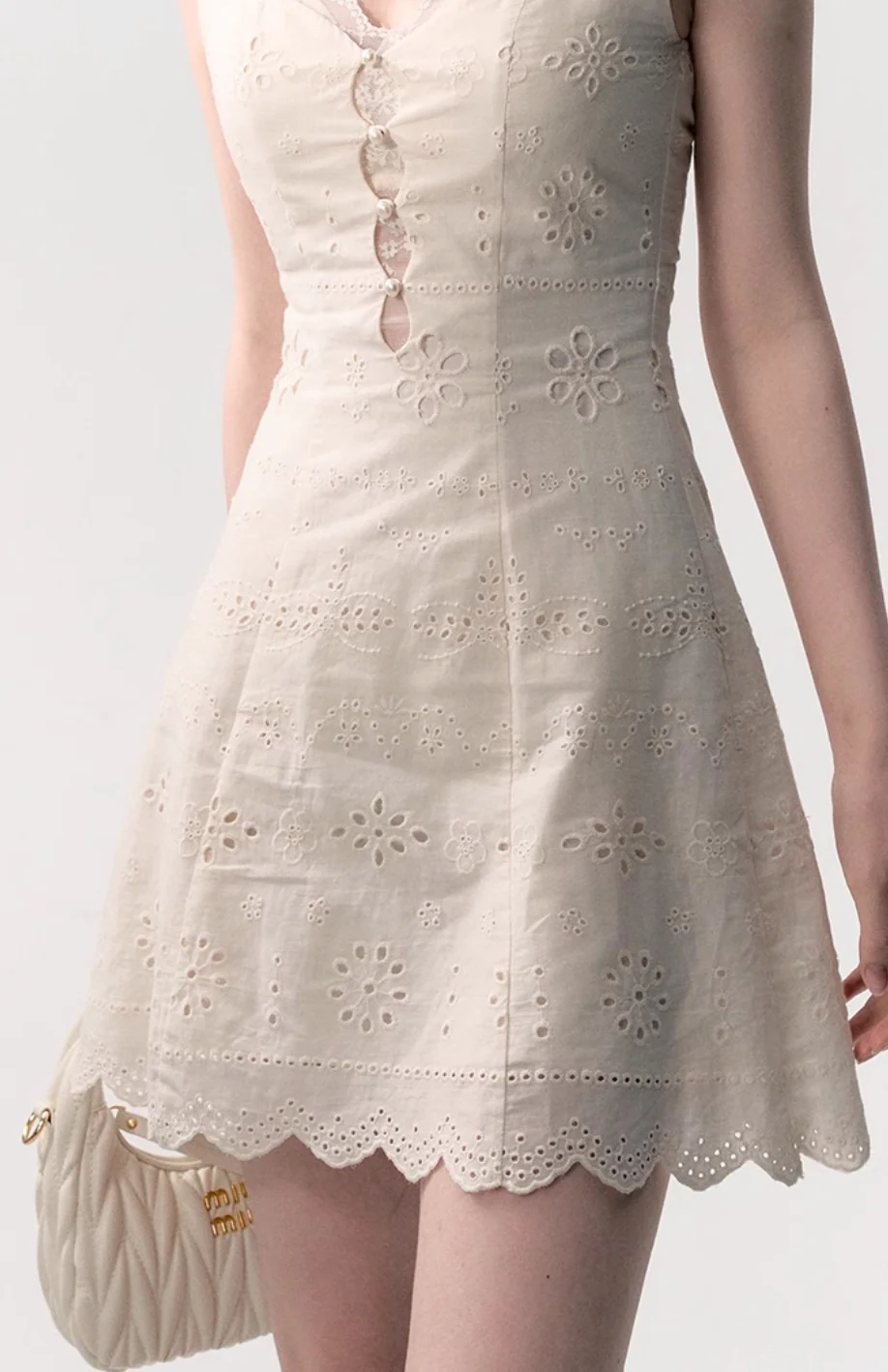 Cream white simple slim lace stitching dress - Image 5