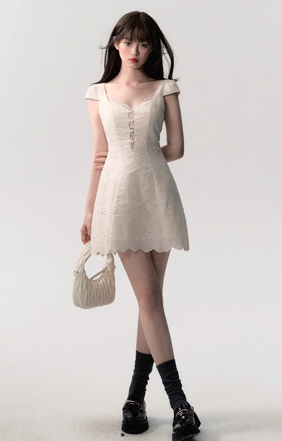 Cream white simple slim lace stitching dress - Image 7