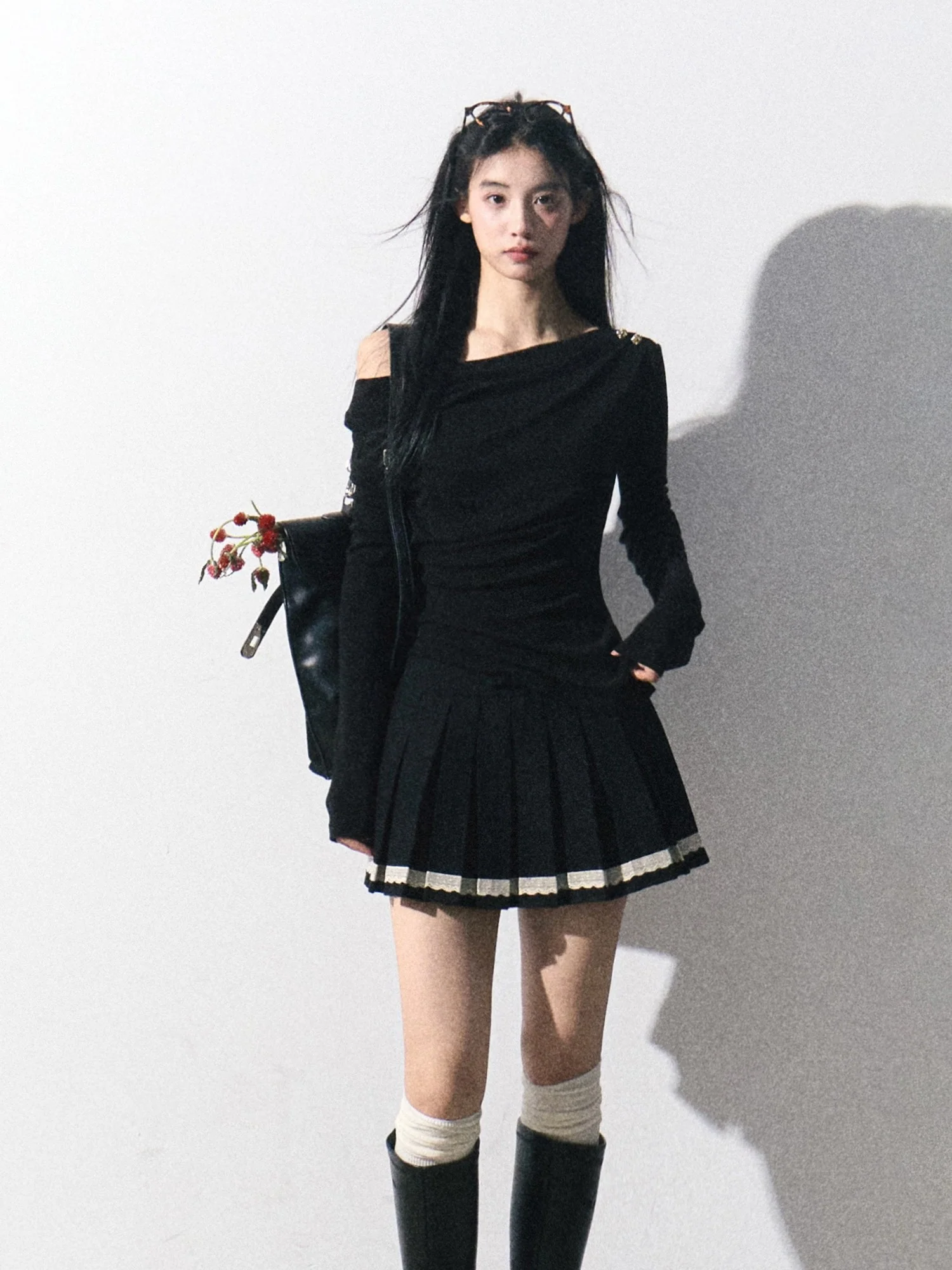 Gray One-Shoulder Knit Two-Piece Set - Image 3