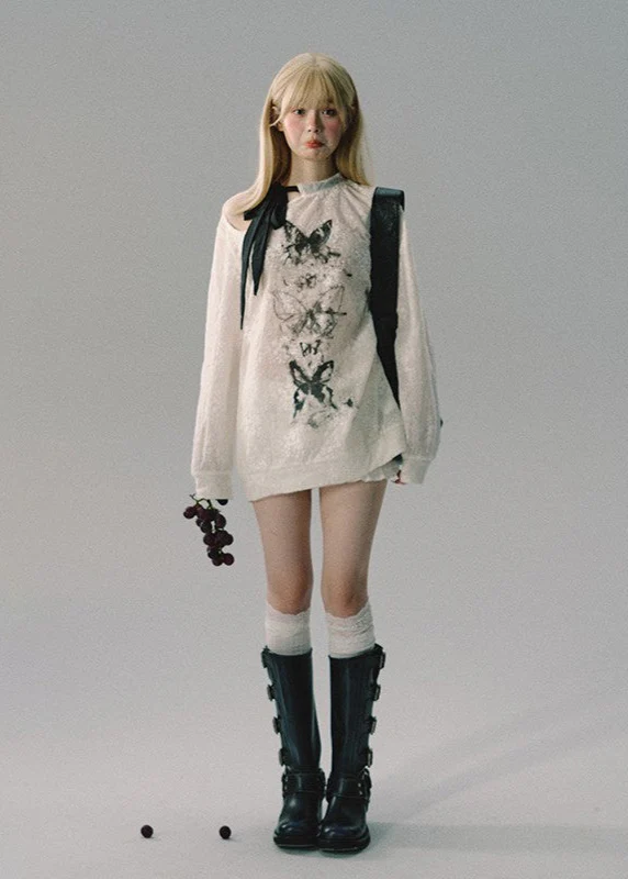 Retro Ribbon Embroidered Mesh Sweatshirt