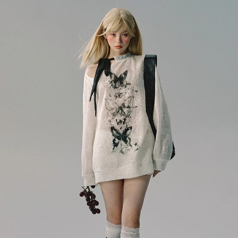 Retro Ribbon Embroidered Mesh Sweatshirt - Image 3