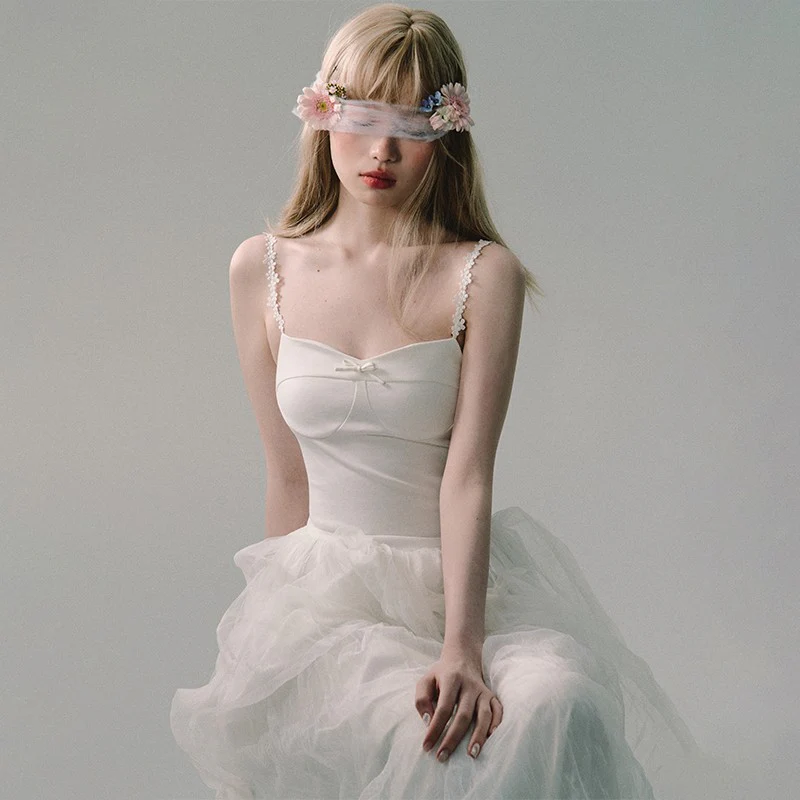 White Mesh Embroidered Slip Dress - Image 3