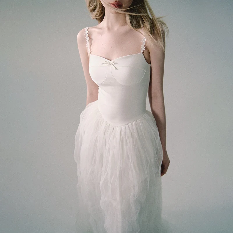 White Mesh Embroidered Slip Dress - Image 4