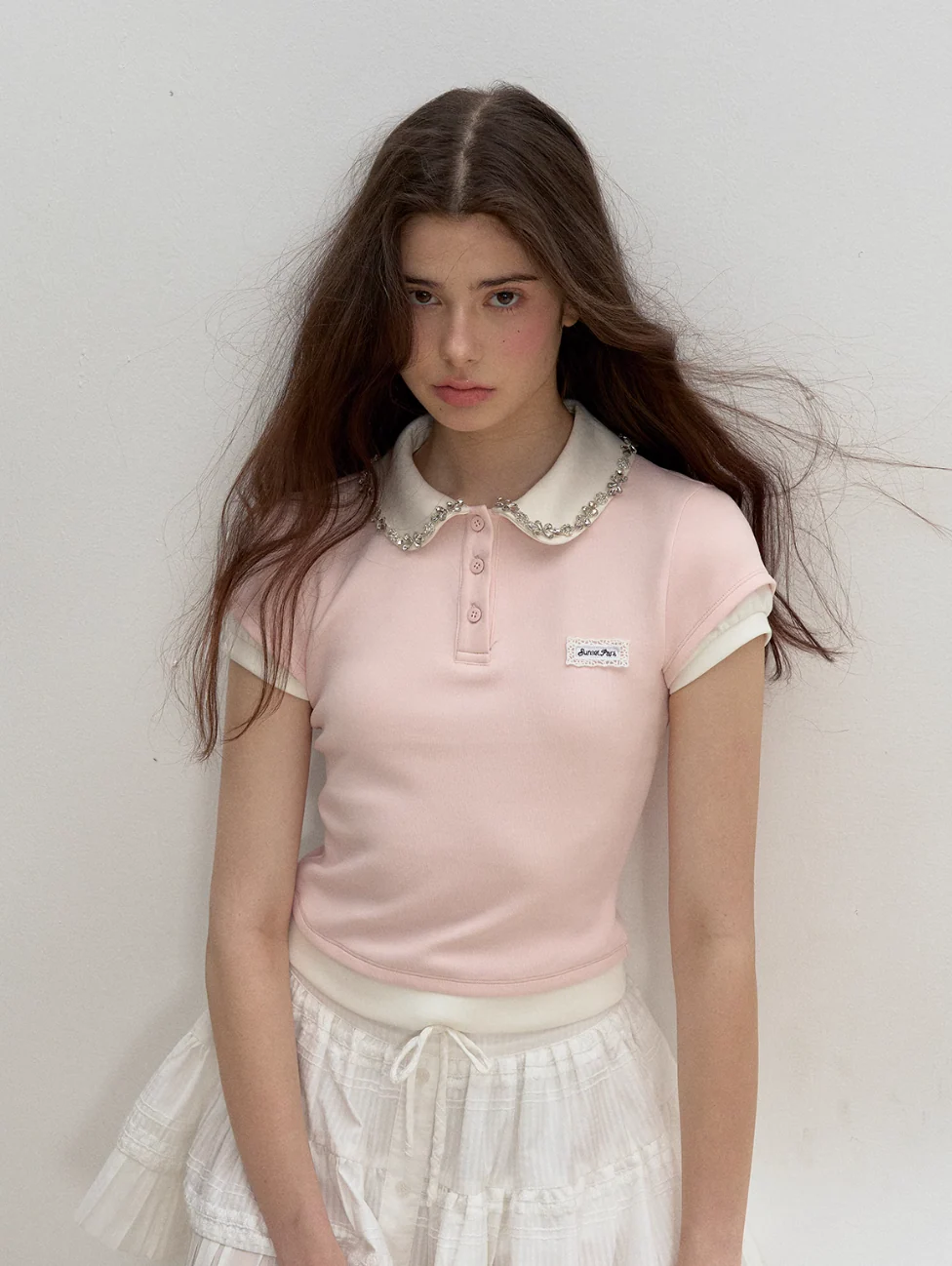 Pink Splice Fake Two-Piece Polo Top - Image 3