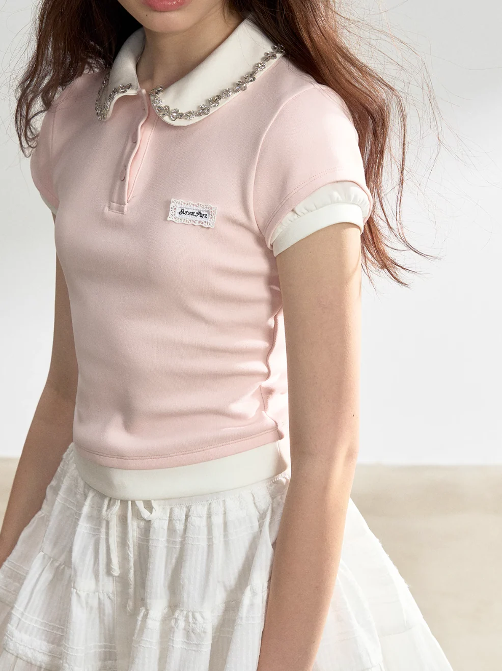 Pink Splice Fake Two-Piece Polo Top - Image 4