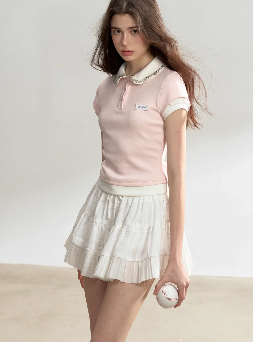 Pink Splice Fake Two-Piece Polo Top - Image 5