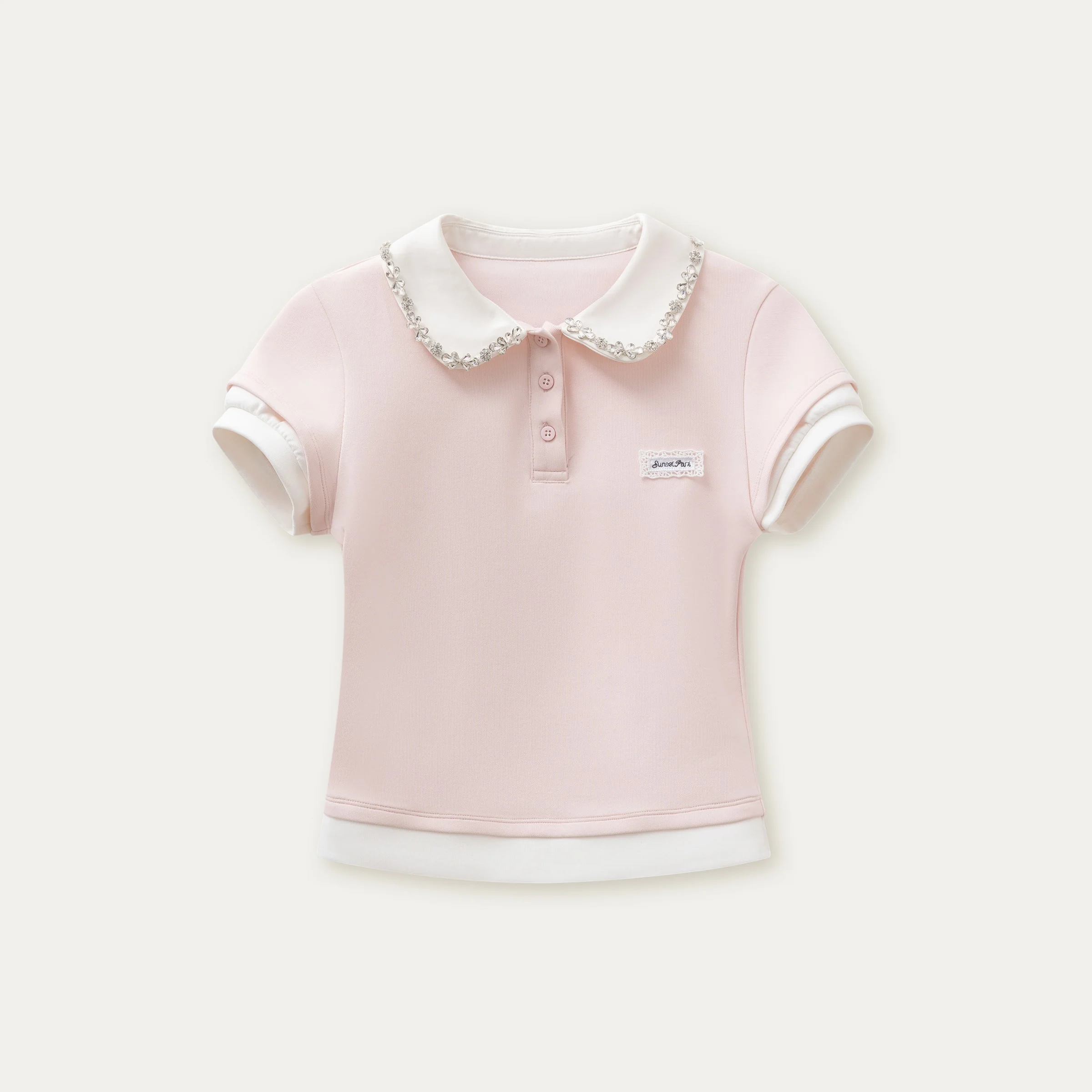 Pink Splice Fake Two-Piece Polo Top - Image 6