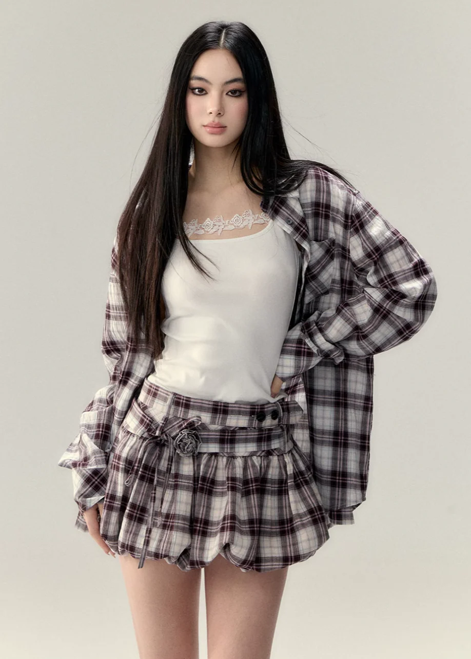 Plaid shirt & puffy skirt fashion suit female - Image 2