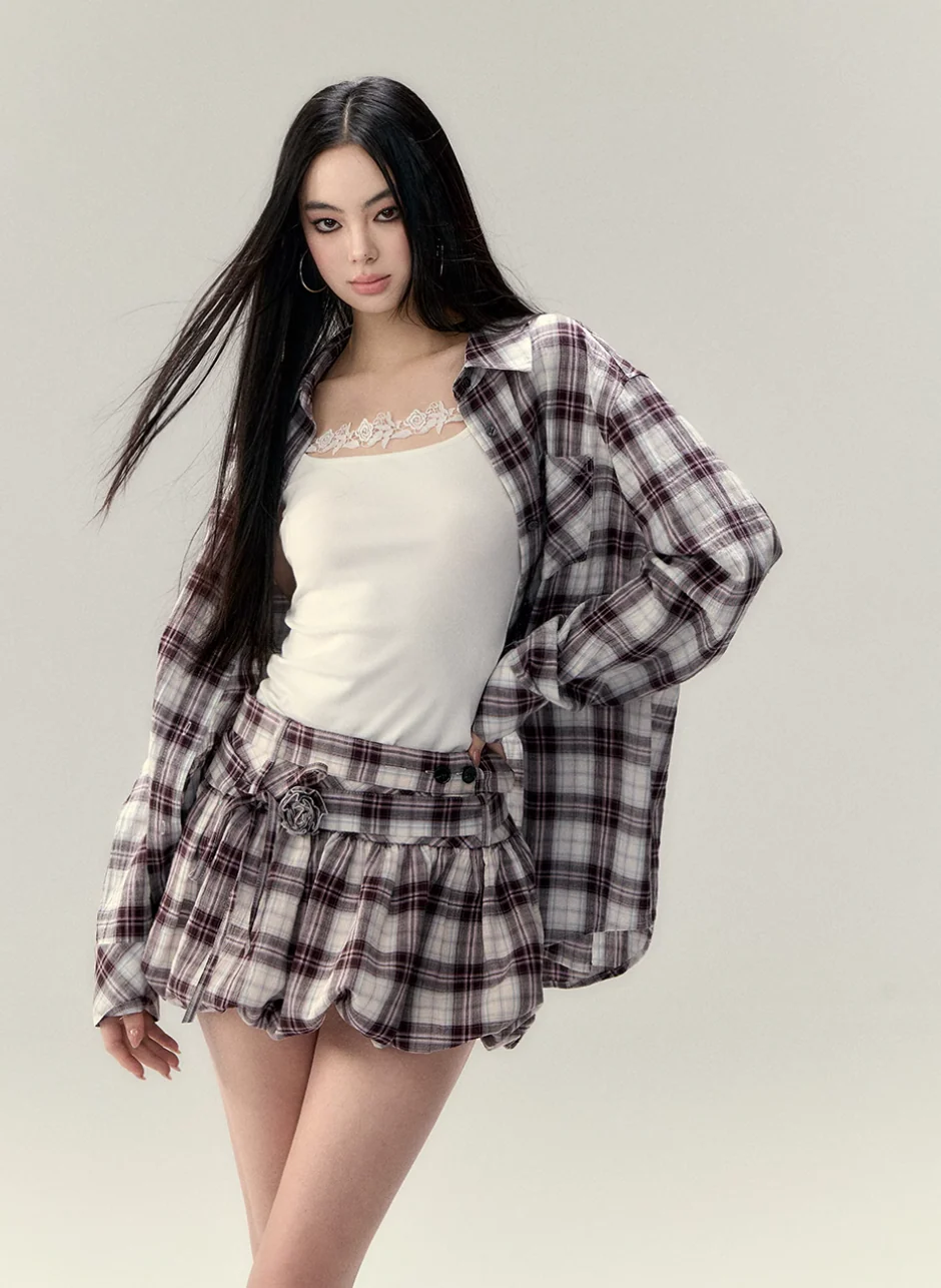 Plaid shirt & puffy skirt fashion suit female - Image 3