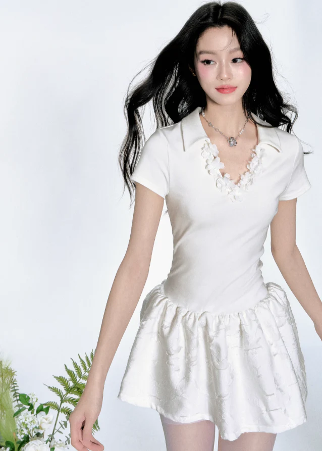 Polo Collar Flower Skirt Dress - Image 4