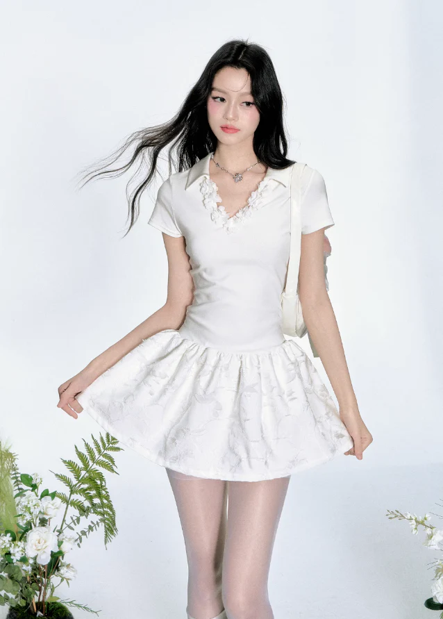 Polo Collar Flower Skirt Dress - Image 6
