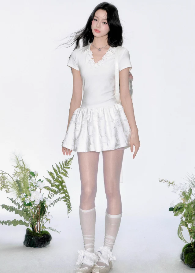 Polo Collar Flower Skirt Dress - Image 8