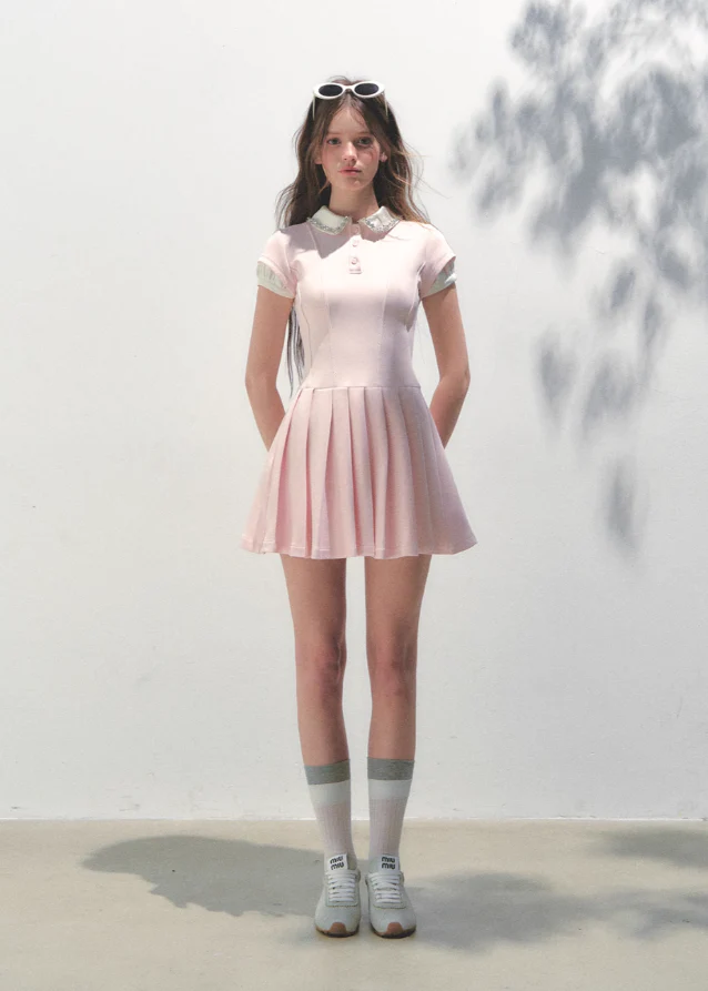 Polo Collar Pleated Diamond Dress - Image 3