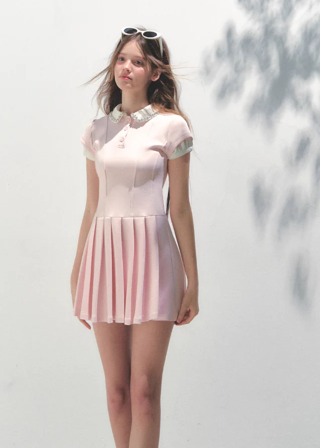 Polo Collar Pleated Diamond Dress - Image 4