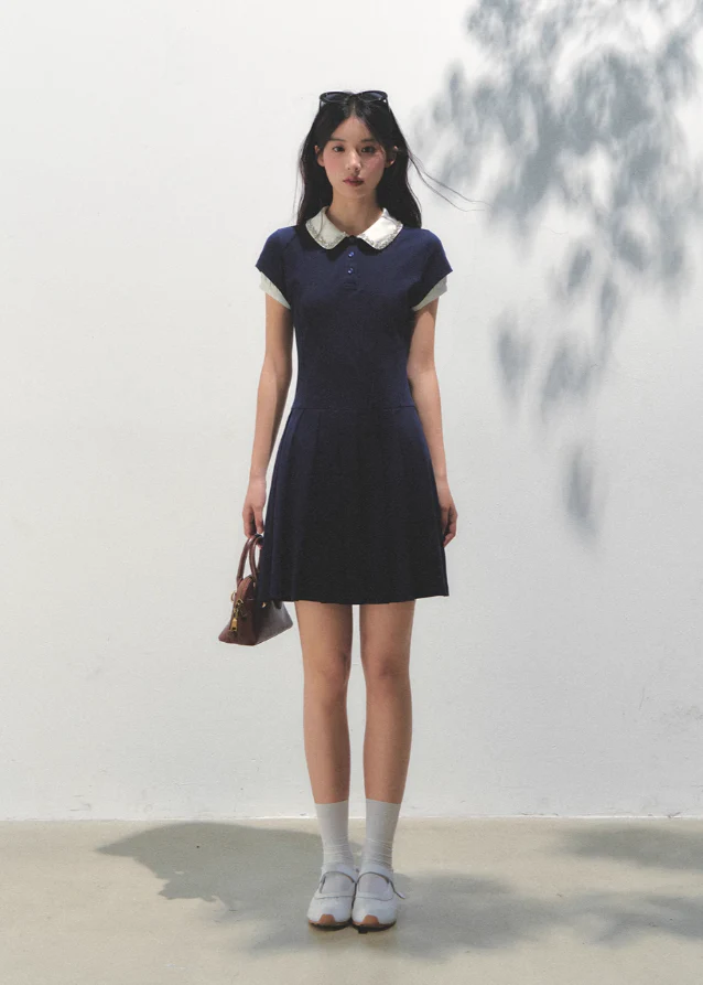 Polo Collar Pleated Diamond Dress - Image 5