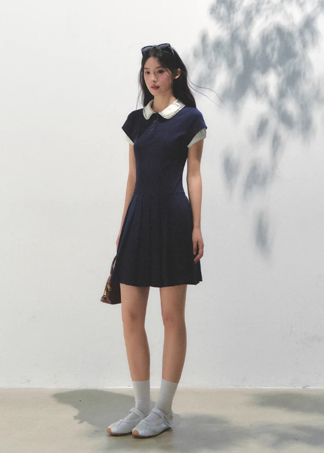 Polo Collar Pleated Diamond Dress - Image 6