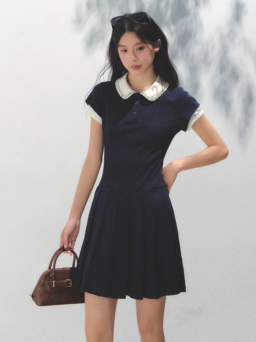 Polo Collar Pleated Diamond Dress - Image 7