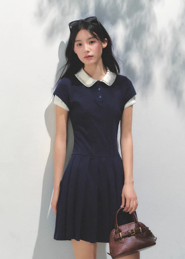 Polo Collar Pleated Diamond Dress - Image 8