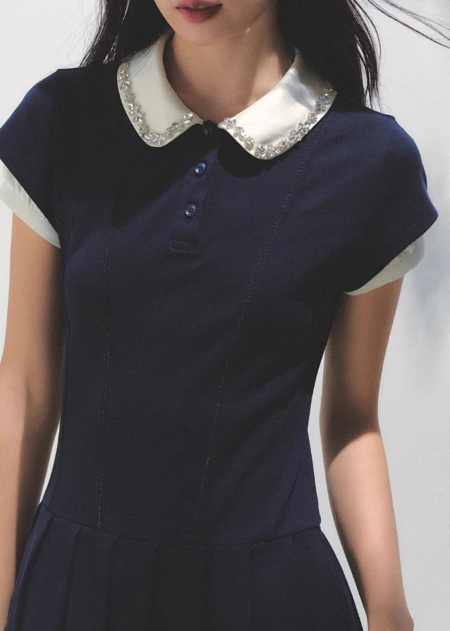 Polo Collar Pleated Diamond Dress - Image 9