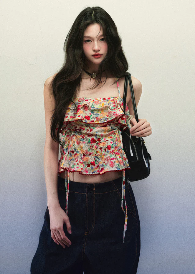 Red Floral Ruffle Drawstring Cami Top